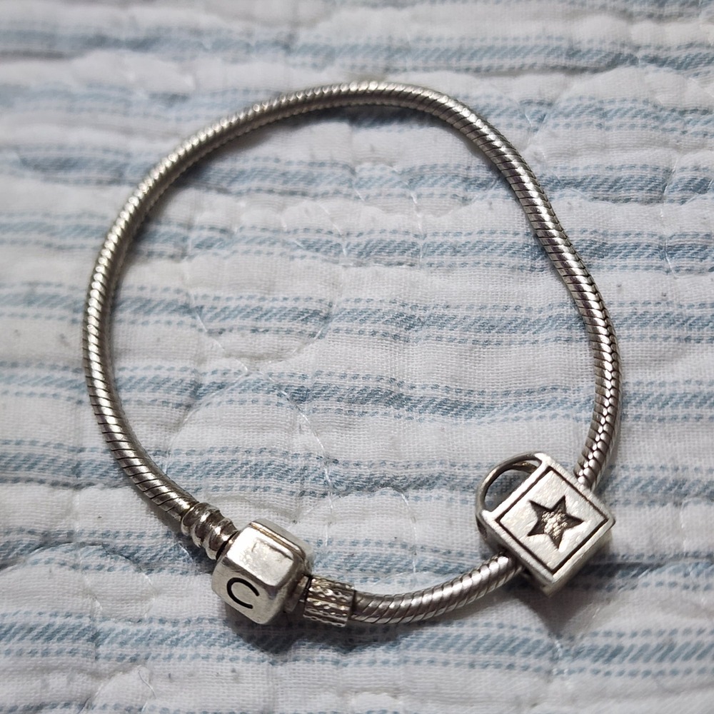 Chamilia Sterling Silver Snake Chain Bracelet C Lock Clasp Initial bag Charm
